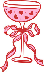 Champagne or cocktail saucer decorated with hearts and ribbon bow. Hand drawn vector illustration of drink in glass. Love, wedding and Valentine's Day.