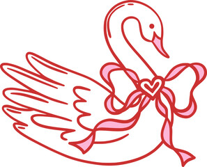 Swan with pink ribbon bow and heart-shaped detail. Hand drawn outline vector illustration in red and pink colors. Love, elegance, and romantic concept