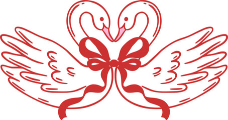 Two swans forming heart shape with red ribbon bow. Cute hand drawn vector illustration for Valentine's Day. Love, romance, and wedding concept.