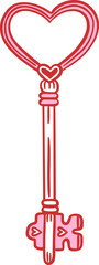 Heart shaped key. Hand drawn outline  vector illustration in red and pink color. Love, romance, and Valentine's Day concept. Romantic design
