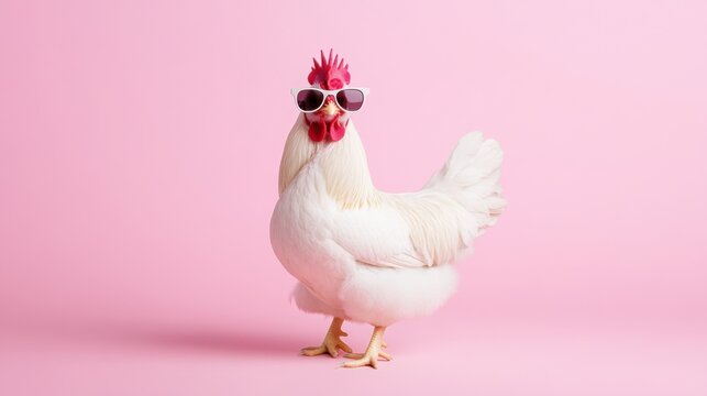 A stylish hen wearing sunglasses poses against a pastel pink background, giving a playful and modern vibe.