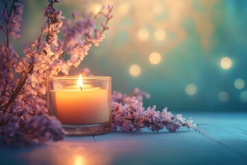 Candle burning beside blooming flowers in a tranquil setting during evening hours