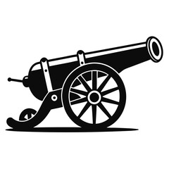 Fototapeta premium cannon vector silhouette illustration, black cannon icon design, vintage battle weapon silhouette vector, isolated historic artillery graphic, revolutionary war symbol illustration 