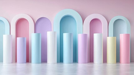 Fototapeta premium Pastel Dream: Cylinders and arches in soft pastel colors create a dreamy, minimalist scene. Perfect for product displays or as a calming background. 
