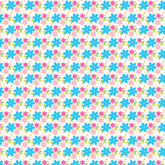 Bright seamless floral pattern with blue, pink, and green flowers on white. Cute playful design ideal for kids’ textiles, stationery, and wrapping.