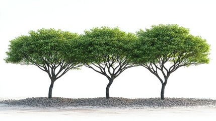 Three Lush Green Trees Isolated on White Background