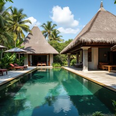A traditional Balinese villa with open-air pavilions and thatched roofs