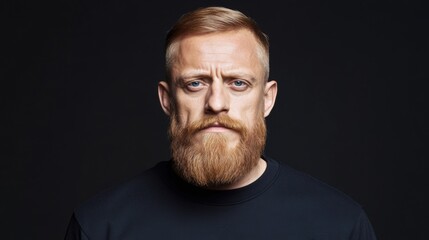 A stern young man with a beard poses against a dark background, displaying an intense expression. His sharp look and styled hair add to his charismatic presence.