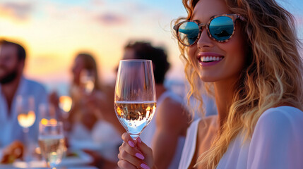 Woman enjoying a sunset beach party with friends, holding a wine glass and smiling.