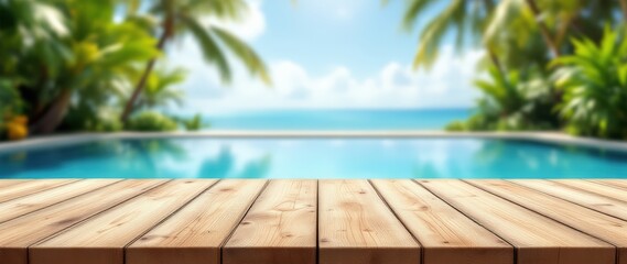 Empty wooden table on sunny blurred tropical pool background. Outdoor party mockup for design and product display.