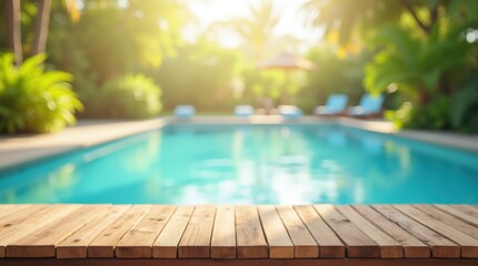 Empty wooden table on sunny blurred tropical pool background. Outdoor party mockup for design and product display.