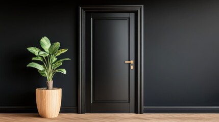 A modern luxury house entrance featuring a sleek black door. The minimalistic design is enhanced by a wooden potted plant, set against a dark background.