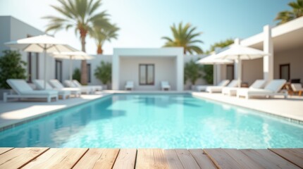 Empty wooden table on sunny blurred tropical pool background. Outdoor party mockup for design and product display.
