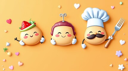 A cute banner featuring cartoon characters depicting food written in a playful font (seafood, fast food and chef) on an attractive orange background that complements their animated style