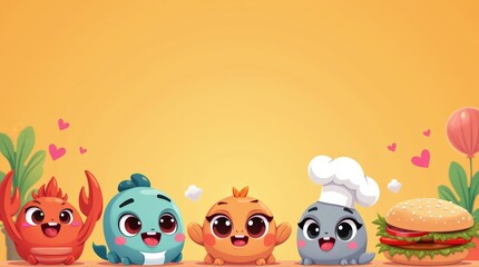 Fototapeta premium A cute banner featuring cartoon characters depicting food written in a playful font (seafood, fast food and chef) on an attractive orange background that complements their animated style