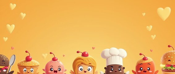 Naklejka premium A cute banner featuring cartoon characters depicting food written in a playful font (seafood, fast food and chef) on an attractive orange background that complements their animated style