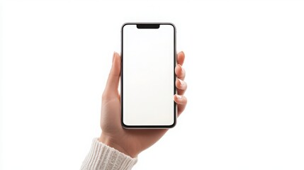 A person is holding a phone with a white background