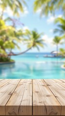 Fototapeta premium Empty wooden table on sunny blurred tropical pool background. Outdoor party mockup for design and product display. 