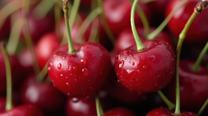 Glossy red cherries with water droplets clinging to their stems Close up photography