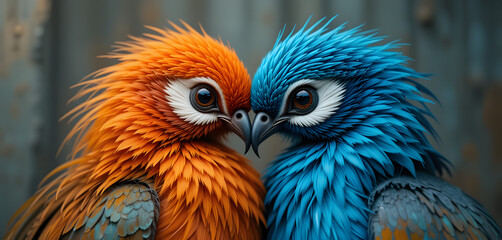 Fototapeta premium Vibrant dual feathers in harmony - orange and blue close-up image