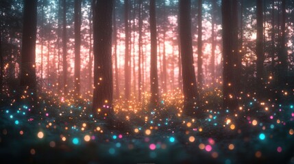 Fototapeta premium Dreamy twilight forest with shimmering bokeh lights