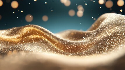 A luxurious golden wave of lights and sparkles flows elegantly against a soft blur of warm hues, creating a dreamy and opulent atmosphere.