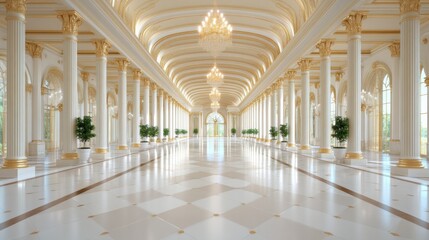 A grand, opulent hallway with golden chandeliers, ornate columns, and marble flooring. The architectural elegance is emphasized by a soft, natural light.