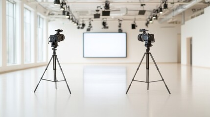 A modern television studio with a large blank screen and two cameras on tripods facing it. Bright lighting and spacious interior with white walls.