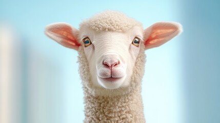 Naklejka premium A young sheep with soft, curly wool and pink ears looks directly at the camera. The background is a soft gradient, enhancing the focus on the lamb.