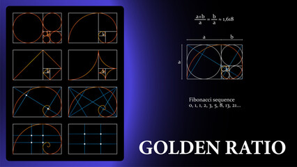 Golden ratio template. Composition spiral guideline illustration. Vector set of figures and shapes of golden ratio composed.