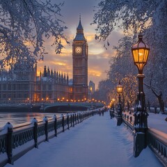 A winter sunset casts a golden glow over London, highlighting Big Ben and the Houses of Parliament
