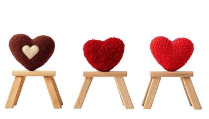 Three Woolly Hearts on Wooden Stools Valentines Day Decor