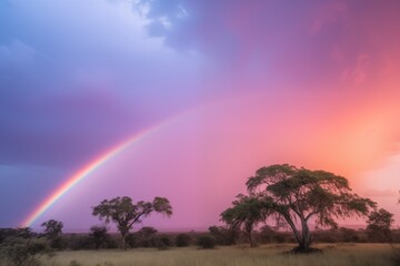 Vibrant rainbow arching over a serene savanna landscape during a colorful sunset