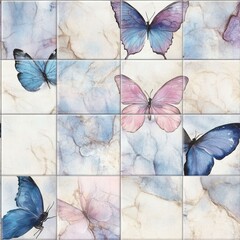 Wonderland fairy tiles showcase a stunning marble background with beautiful butterflies in shades of blue and pink. Perfect for adding a whimsical touch to any living space