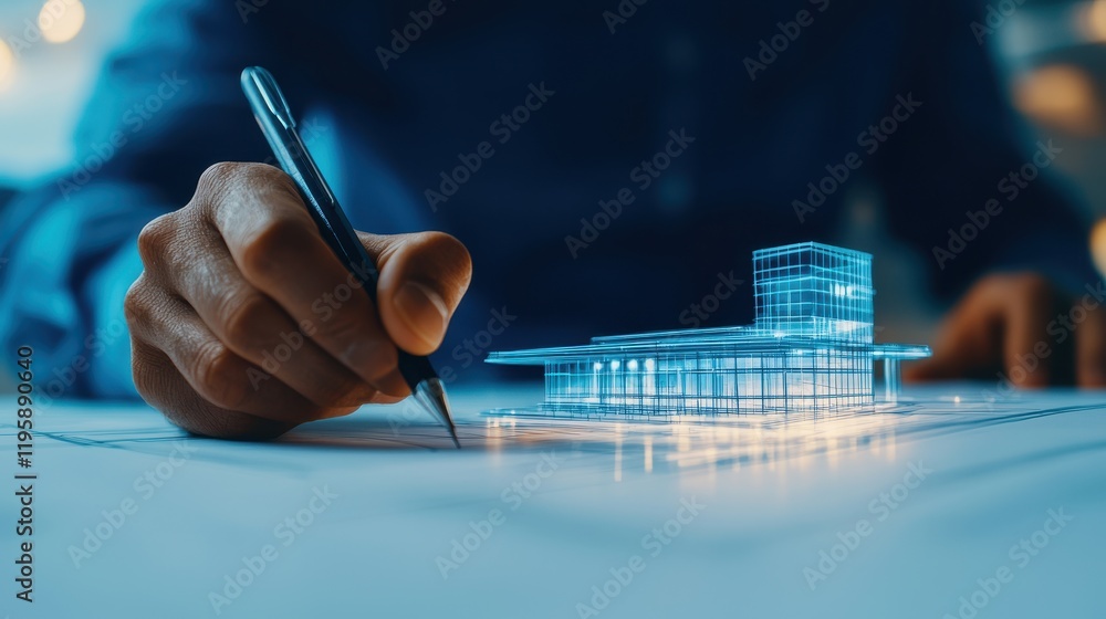 Poster a designer sketches a modern building, using a digital model to visualize architectural concepts and