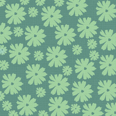 Fototapeta premium Seamless retro floral pattern with mint-green daisy silhouettes on teal textured background. Playful bold design great for fabric and stationery.