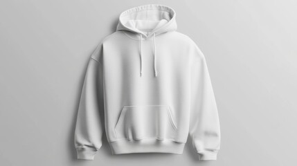 A plain white hoodie displayed against a neutral background, showing the front design with a hood and a front pocket.