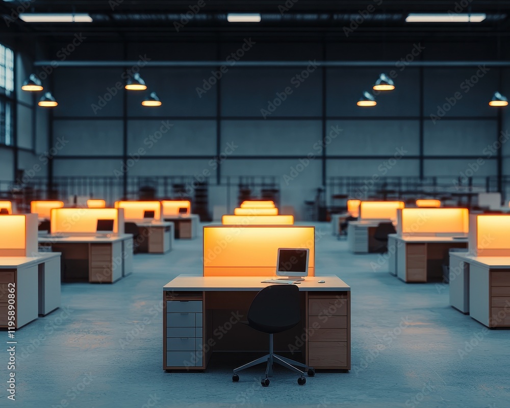 Poster a modern, spacious office with multiple desks illuminated by warm lights, creating a collaborative y