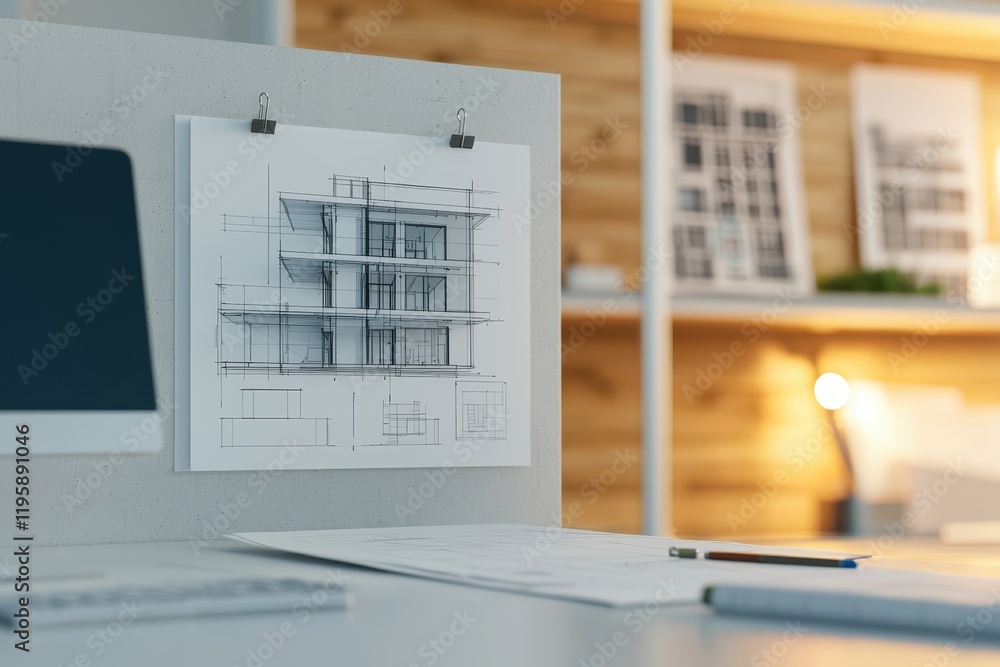 Poster a modern workspace featuring a sketch of a building on display, with a computer and organized design