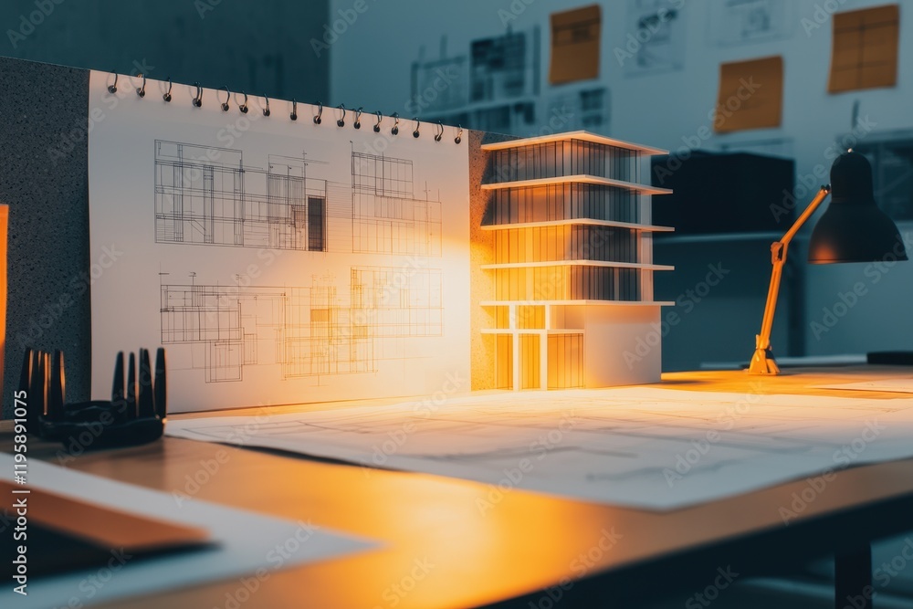 Poster a well-lit workspace featuring architectural plans and a miniature building model, showcasing creati