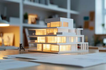 A modern architectural model showcasing layered designs with illuminated features, set in a creative workspace.