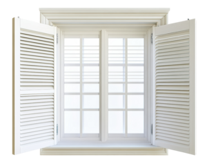 Isolated White Window with Open Shutters