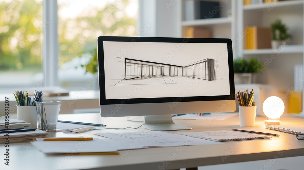 Poster a modern workspace featuring a computer displaying architectural sketches, surrounded by plants and 