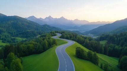 Fototapeta premium A winding road with trees and mountains in the background