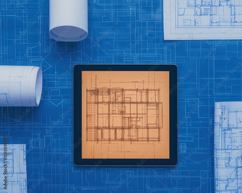 Poster a blueprint layout displayed on a tablet surrounded by rolled plans on a blue background, emphasizin