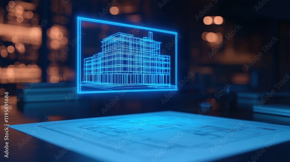 Poster a holographic building model is displayed above architectural blueprints, showcasing modern design a