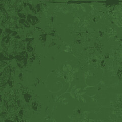 Dark green vintage floral grunge background with textured ornamental vines and foliage. Great for rustic designs, posters, and decorative projects.