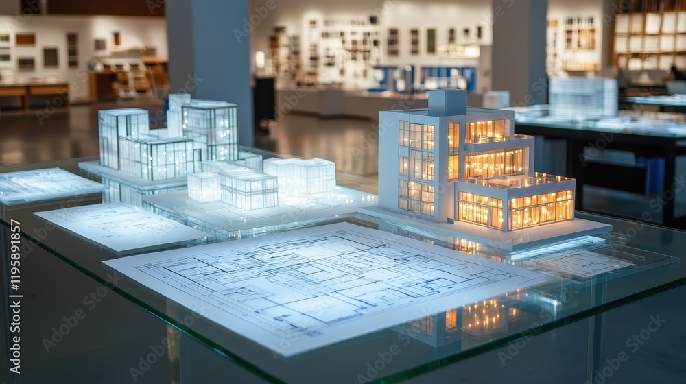 Aufkleber a display featuring illuminated architectural models showcased in a modern gallery setting.