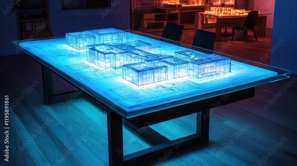 Aufkleber a futuristic illuminated model sits on a table, showcasing architectural designs with a vibrant blue
