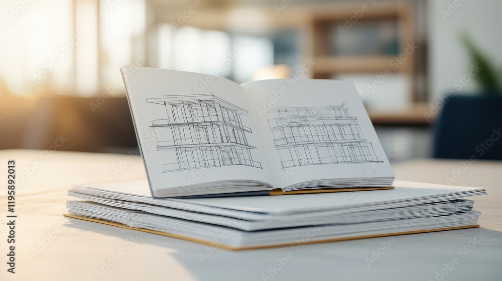 Poster a notebook with sketches lies open on a stack of papers, illuminated by sunlight in a bright, modern